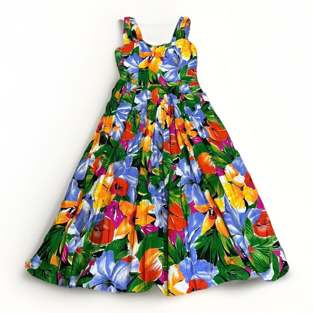 VTG Jeanette Vintet Paris Floral Dress Made in France 80s Tropical Maxi Size M